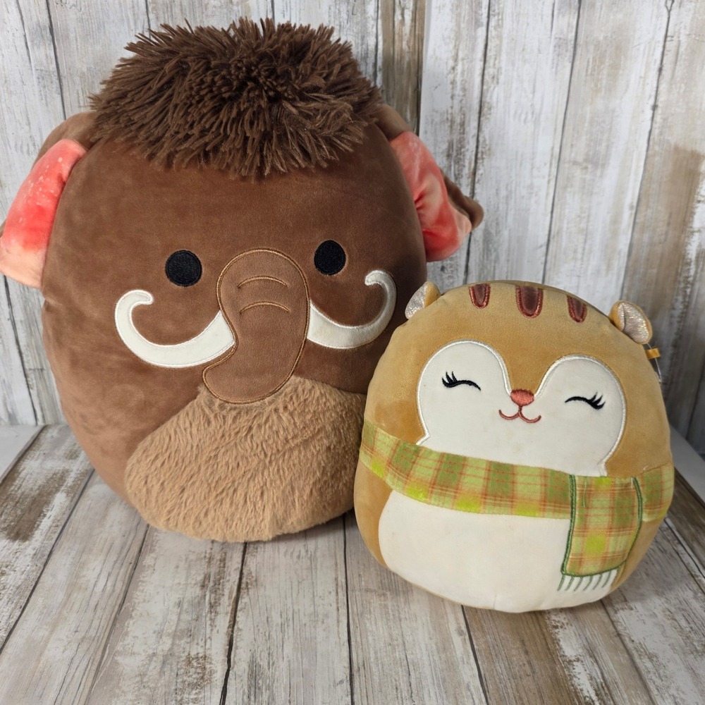 Squishmallows Chienda Woolly Mammoth 12" & Brittany Squirrel 8" Scarf Plush Set